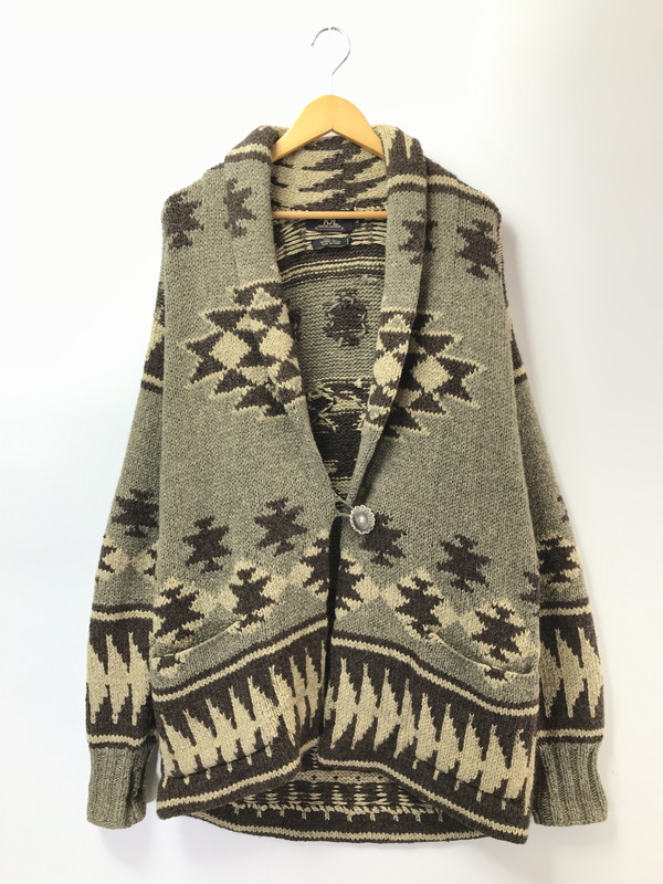 百貨店SALE 10%OFF~【中古品】【メンズ】  RRL WOOL\u0026SILK ダブルアールエル 羊毛＆地絹 NATIVE PATTERN SHAWL COLLAR HAND KNIT コンチョボタン 原住民 行動様式 ショールカーラ 編み物 145-260425-rt-12-tagh 大きさ：M 色つや：赤銅色系 生生世世Net店