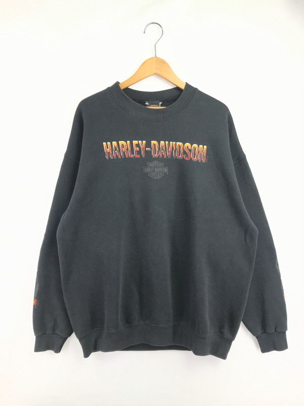 【中古品】【メンズ】 HARLEY-DAVIDSON ハーレーダビッドソン USA製 90's FLAME GRAPHIC SWEATSHIRT フレームグラフィックスウェットシャツ ヴィンテージ アメカジ　 146-260722-su-05-tagh サイズ：XL カラー：ブラック 万代Net店｜万代Net店