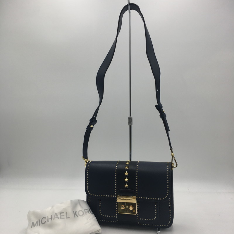 【中古品】【レディース】 Michael Kors マイケルコース SLOAN EDITOR STAR STUDDED LEATHER SHOULDER BAG 30F7GS9L3Y ソラン エディタ スター スタッズ ショルダーバッグ カバン 188-250608-KS-07-tei カラー：ネイビー 万代Net店