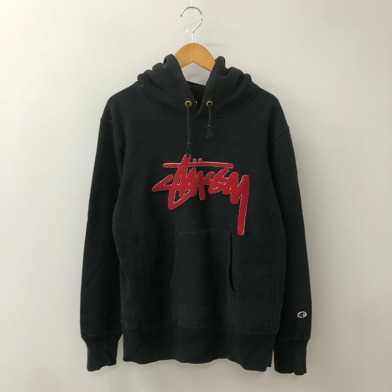 STUSSY × Champion　パーカー　リバースウィーブ　黒 STUSSY CHAMPION コラボ リバースウィーブ パーカー ブラック L