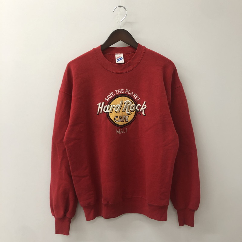 【中古品】【メンズ】 HARD ROCK CAFE ハードロックカフェ 80’s EMBROIDERED LOGO SWEAT SHIRT VINTAGE 80年代 エンブロイダード ロゴ スウェット シャツ 半袖 トップス トレーナー USA製 ヴィンテージ 145-250813-KS-13-tei サイズ：L カラー：レッド 万代Net店