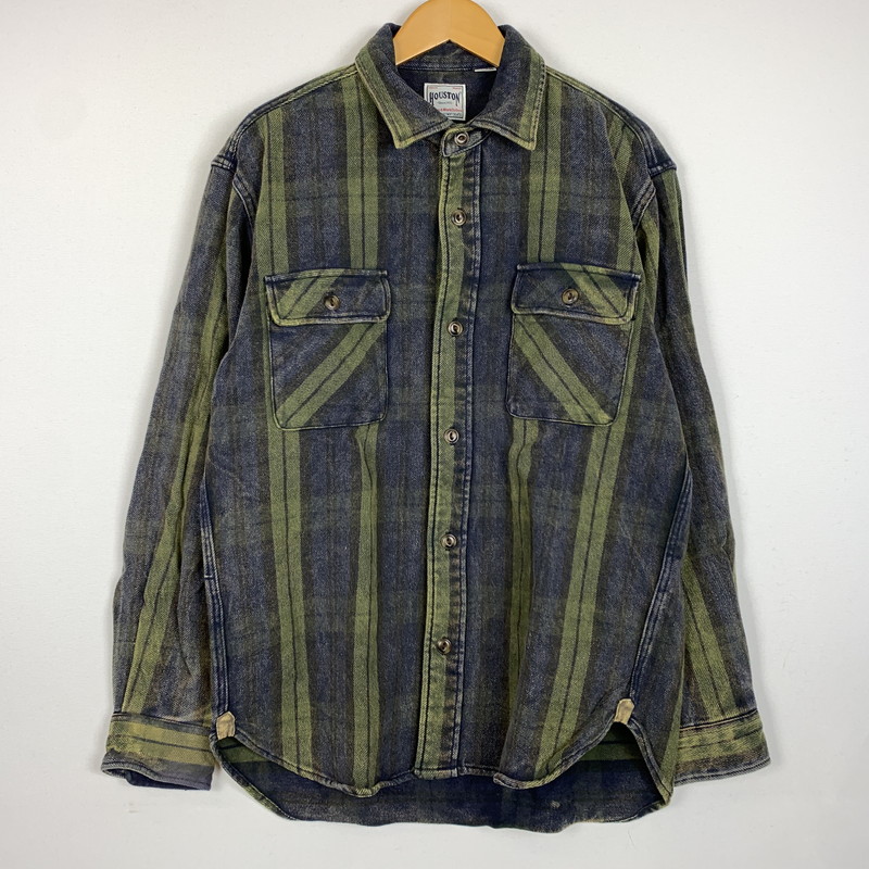 【中古品】【メンズ】 HOUSTON ヒューストン VINTAGE WASH UK CHECK SHIRT 40864VW ビンテージ ウォッシュ チェックシャツ トップス 長袖 ダメージ加工 145-260215-ko-02-tei サイズ：XL カラー：グリーン 万代Net店