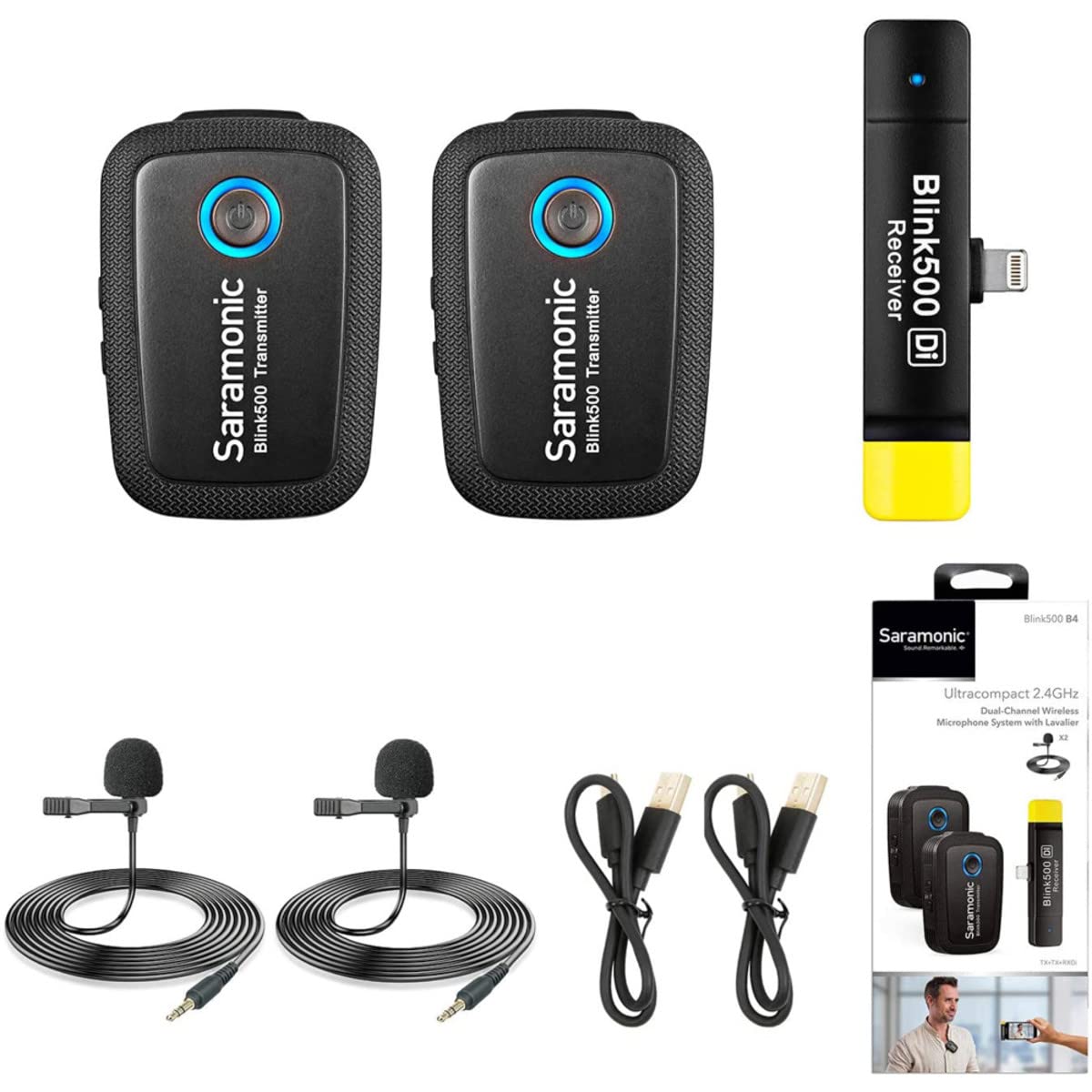 Saramonic Blink500 B4 ワイヤレスラペルマイク 超パウダーコンパクト デュアル通信路 モノラル/ステレオ、MFi公許Lightning受信システム iPhone11/12/13/14続きもの iOS iPad相応う 有線ラペルマイクロホン嘱する はたご屋