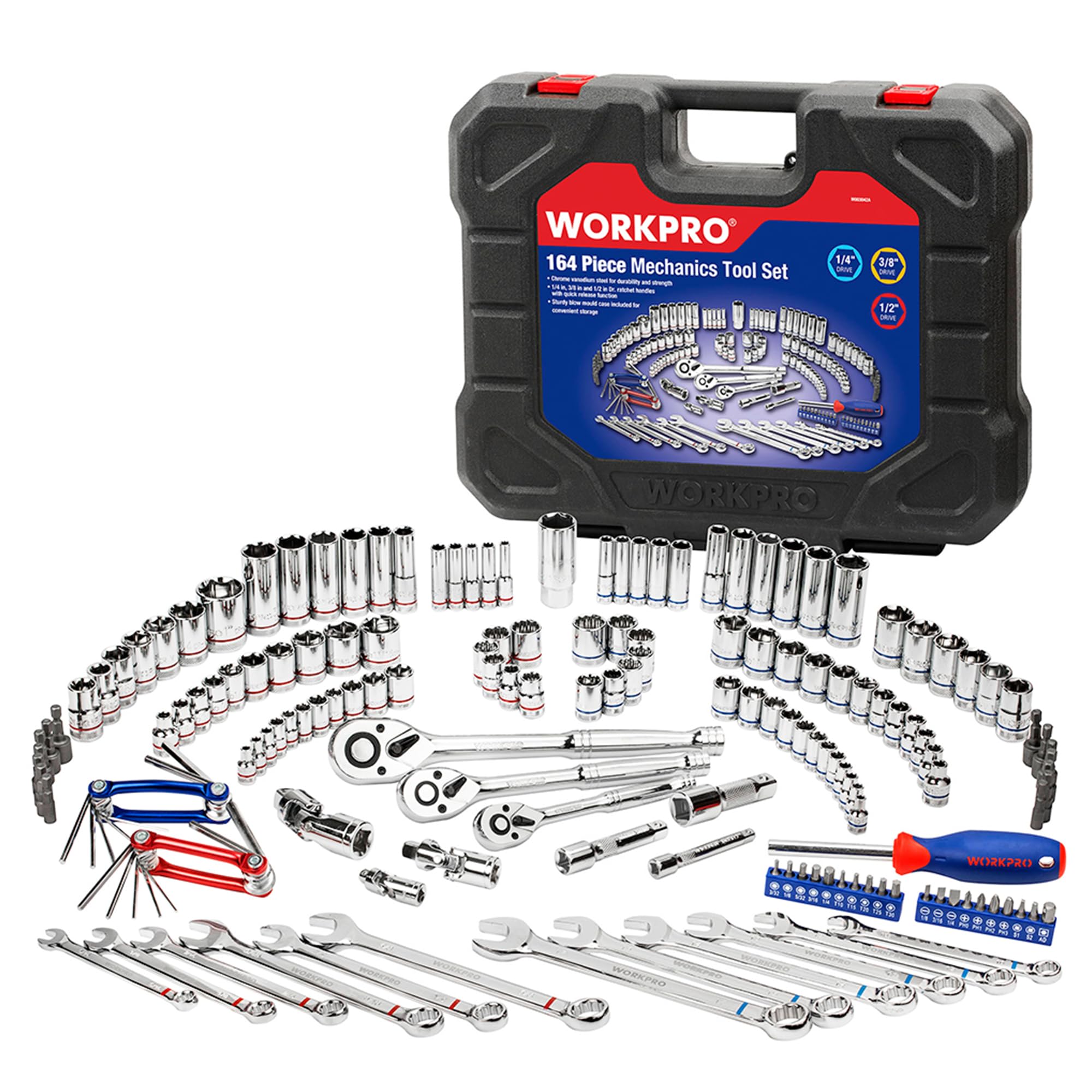 WORKPRO ソケット鍵書き割り in物の具書き割り ハーレー ラチェットレンチ 物の具書き割り 乗用車 自動二輪車 持続 検査と修理 164点組