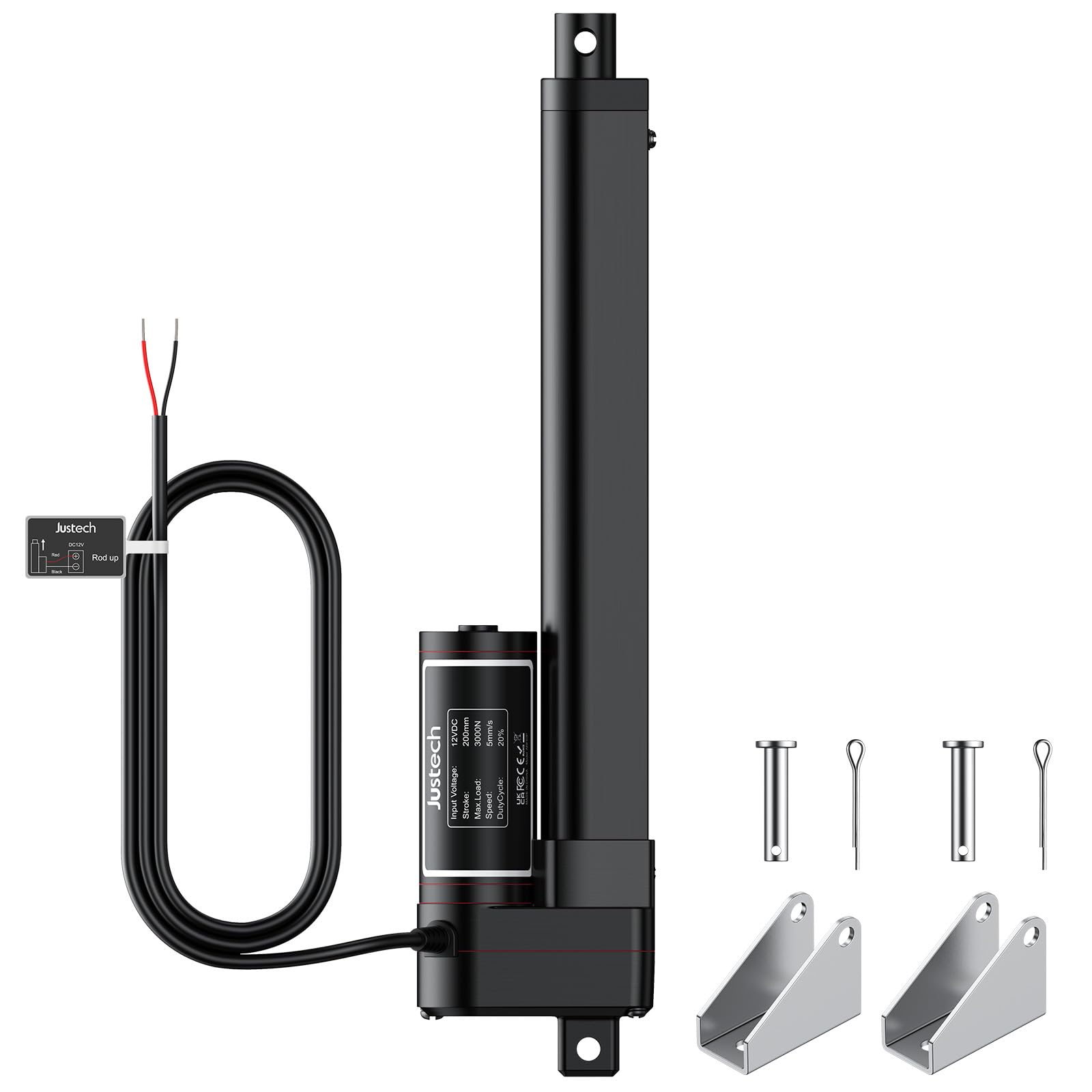 Justech リニアアクチュエーター 12V 電動作動装置 3000N 50粍 100粍 200粍 IP65 機敏さ7-10粍/s 低耳障りな音 線形アクチュエーター 正＆逆抑えつける 稼穡機械類/外科学用臥榻/電動昇降機生き胆に相応う 色：黒いこと、大いさ：