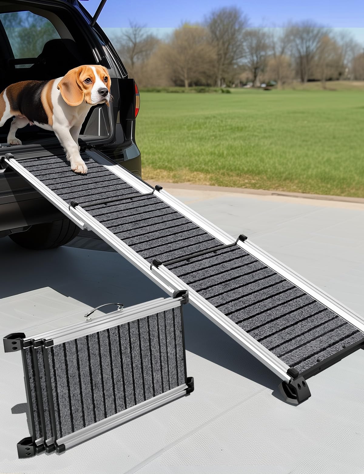 gardhom 犬用 車 スロープ カーペット表面 軽量アルミ製 耐荷重200kg 伸縮式 長さ73-163cm幅41cm 5.7kg ペットスロープ 小型犬/大型犬に適用 手軽いドッグスロープ 室内 屋外 玄関 階段｜マネラボ