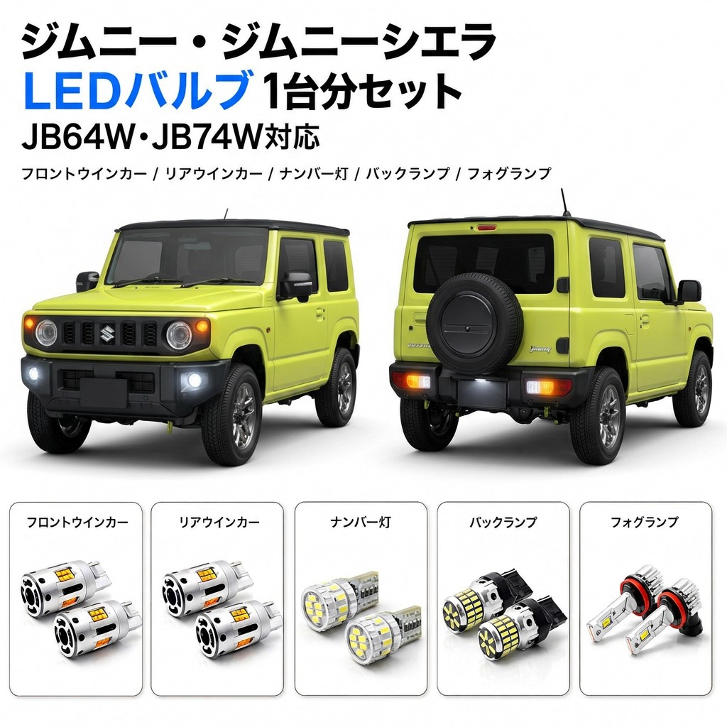 ジムニー ジムニーシエラ JB64W JB74W LED バルブ 1台分セット ハロゲンヘッドライト車 フロントウインカー フォグランプ リアウインカー ナンバー灯 バックランプ 抵抗不要 加工不要 簡単取付|mangata
