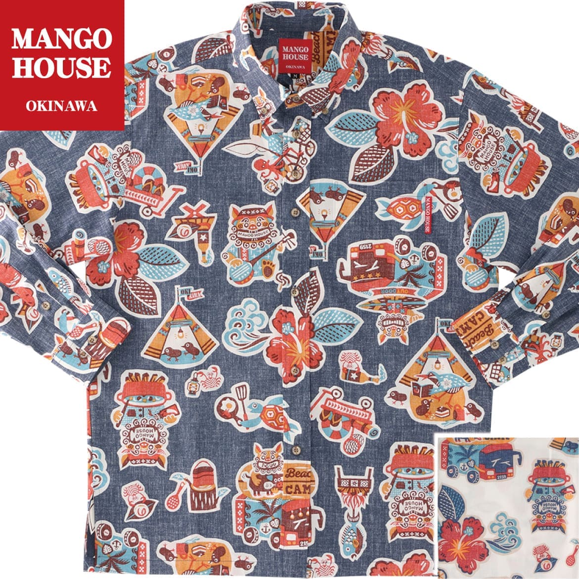 かりゆしウェア メンズ 結婚式 ゴルフ 沖縄 かりゆし シャツ アロハ アロハシャツ ボタンダウン MANGO HOUSE マンゴハウス 国産 リゾート お揃い ペア 長袖シャツ キャンピングシーサー|マンゴハウス 店