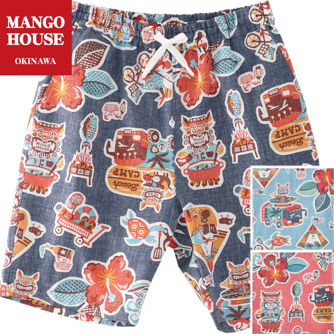 かりゆしウェア メンズ 結婚式 ゴルフ 沖縄 かりゆし シャツ アロハ アロハシャツ MANGO HOUSE マンゴハウス 国産 リゾート お揃い ペア ショート ハーフパンツ セットアップ 240811 キャンピングシーサー