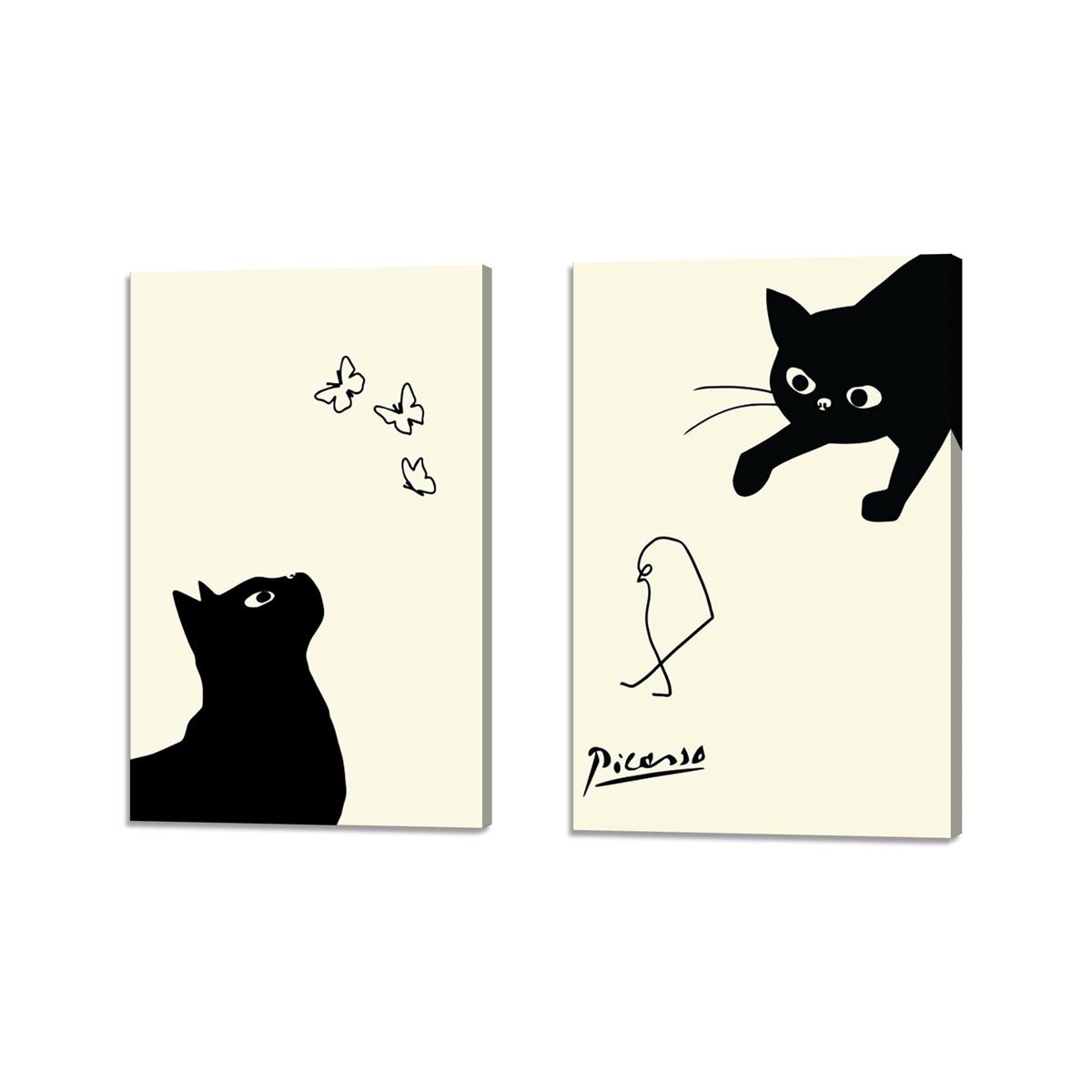ピカソ ネコの絵 ネコとヒヨコ 絵画 2枚セット アートパネ アートフレーム 玄関 ポスター 装飾画 キャンバス 飾り絵 壁掛け 壁飾り 壁の絵 木枠付きの完成品 (40x60cm x2Pcs)
