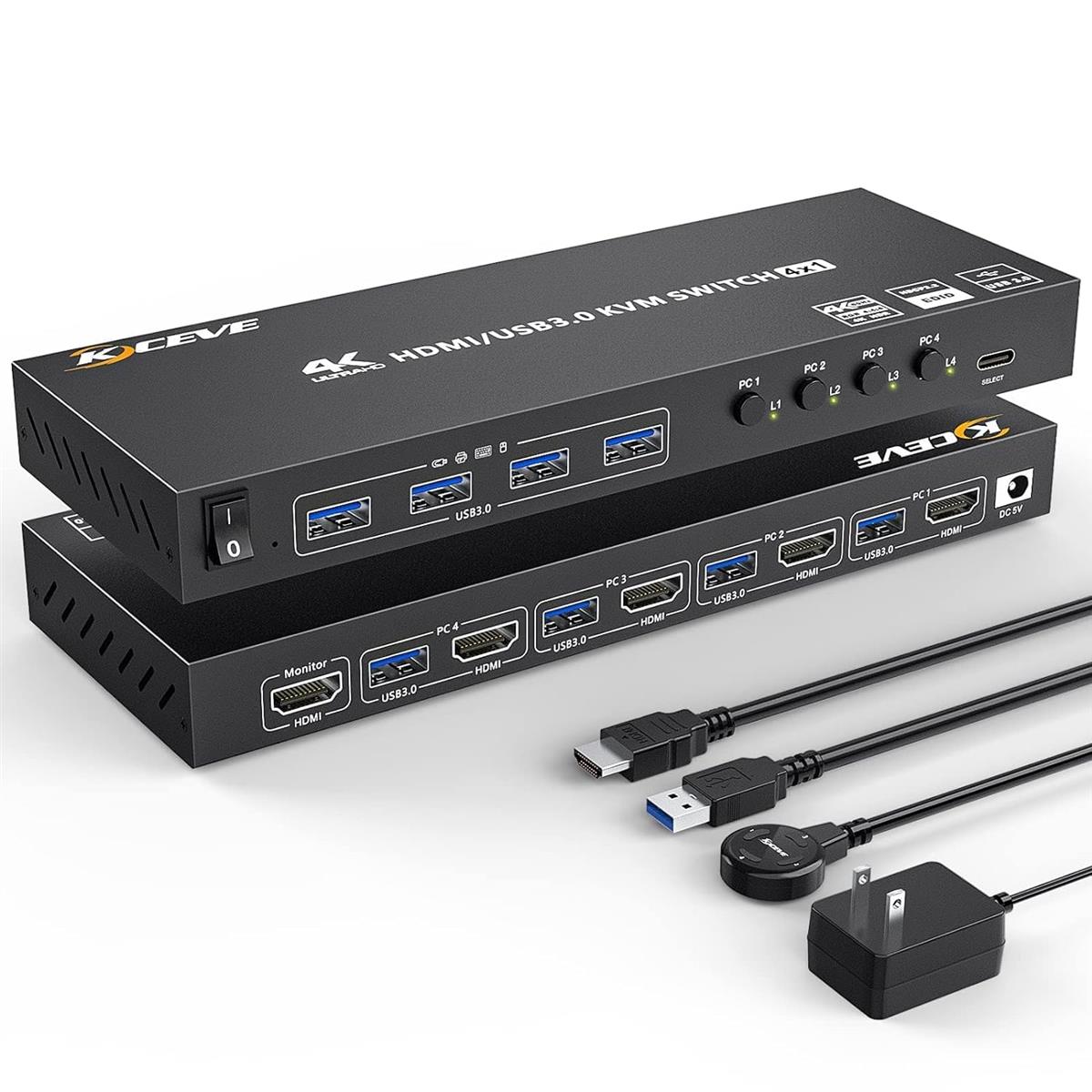 HDMI KVM切替器 4ポート、4入力1出力 PC切替器 4K@60Hz、4つUSB3.0ハブ備えたKVM HDMI 4ポートスイッチャー、EDID管理、ワイヤレスキーボード、マウスサポート