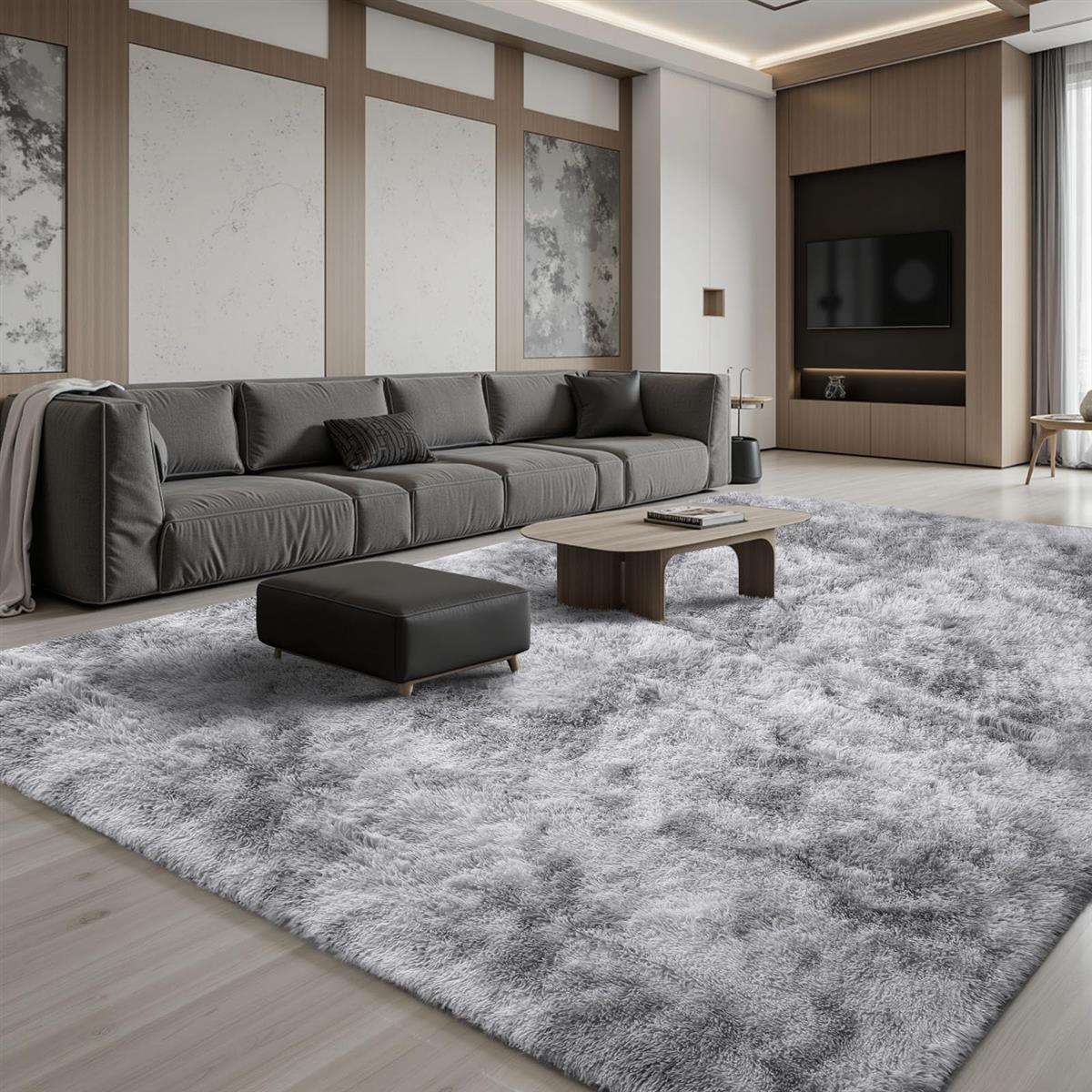 ラグマット カーペット 275x370cm 全厚約5cm 滑り止め付 洗えるラグ 抗菌 ふわっと手触り 防音絨毯 オールシーズ おしゃれな北欧風シャギーラグ 極厚ウレタンフォーム10ｍｍ 寝室、リビングルーム用のふわふわラグ、ライトグレ