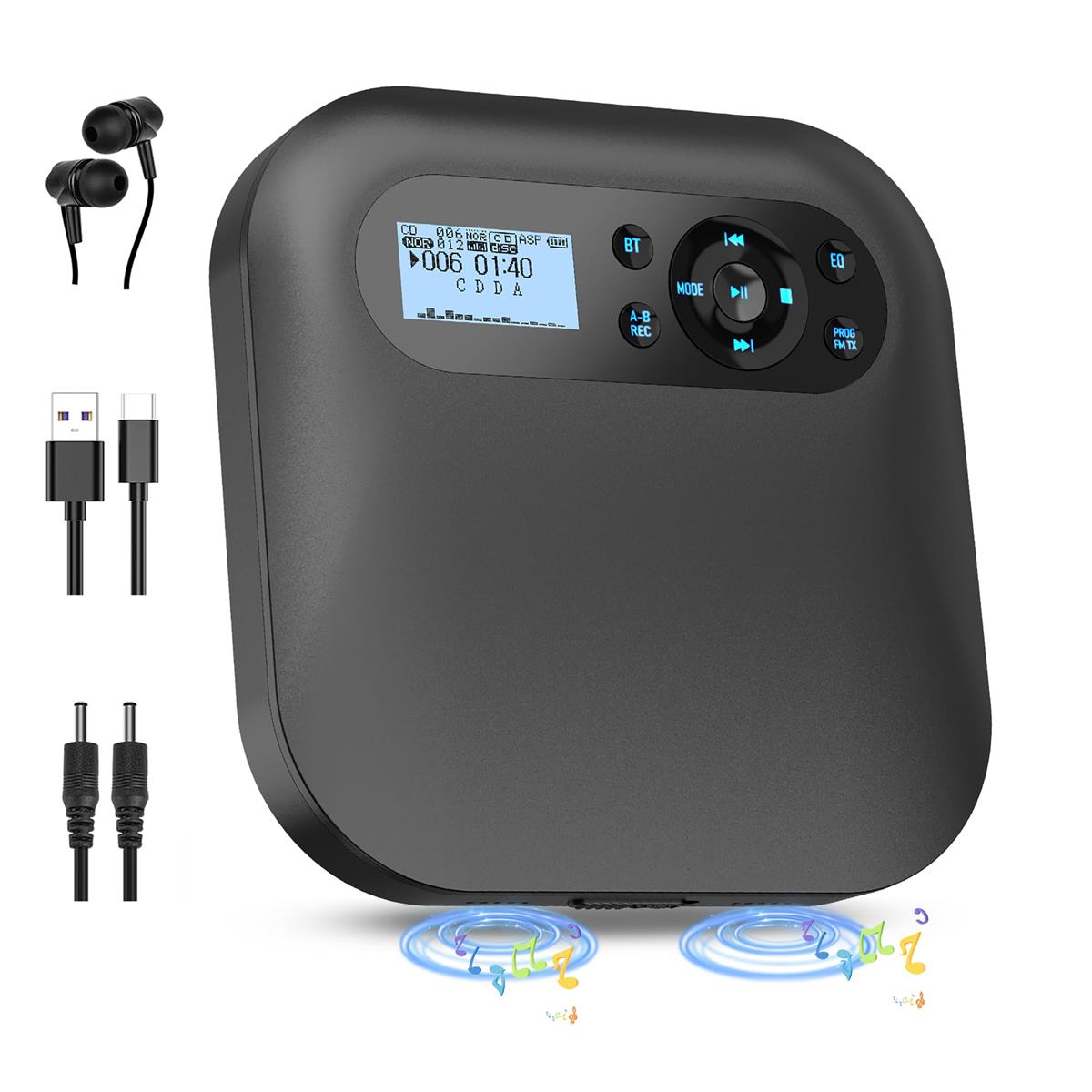 Desobry CDプレーヤー Bluetooth5.2対応スピーカー内蔵 FMトランスミッター内蔵 ・(REC)録音機能付き 2000mAh充電式バッテリー A-Bリピート 5EQエフェクト機能 音飛び防止機能 CD-R/MP3 MicroSDカード等対応 レジューム機能 AUX出力 音楽再生 語学学習 出産前教育に適用【ブ
