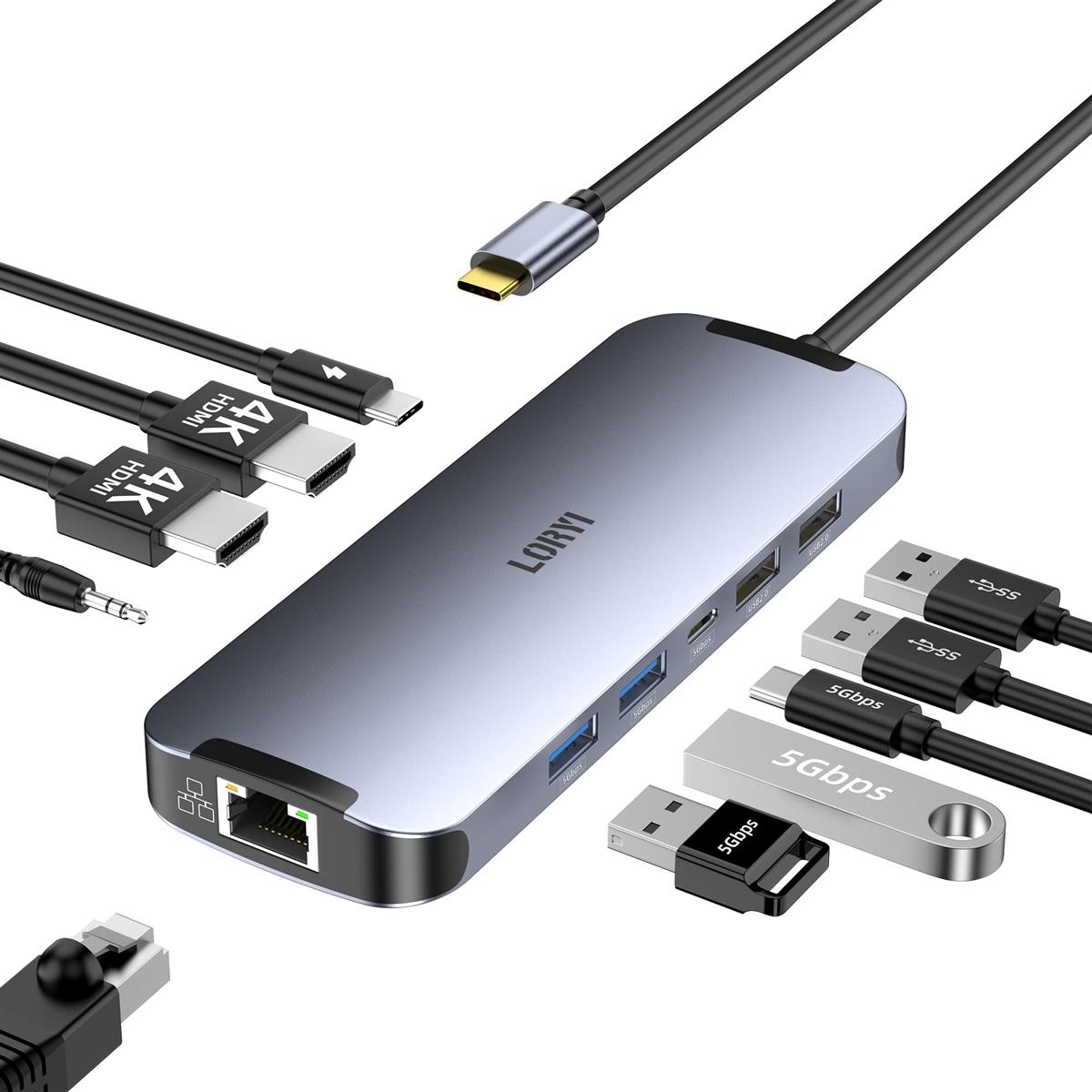 USB-C こしき (10-インチ-1) デュアル 4K HDMI 100W PD手っとり早い申し受ける HDMI取りひろげる USB A3.0*2 USB C3.0*15Gbps資料遷らす界面 USB2.0*2 3.5粍オーディオ 1000Gbpsイーサネットポート USB C 縛ステイション HDMI 2つ