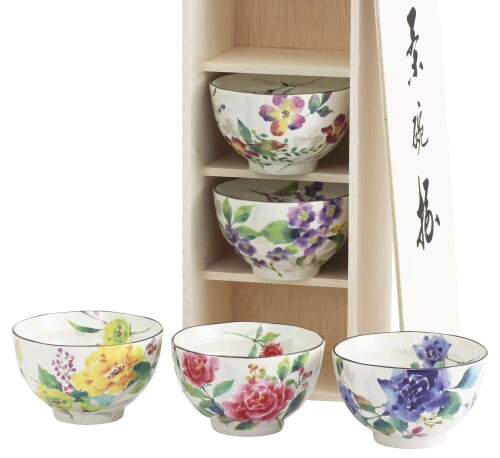 陶芸藍 ばら吉祥 飯碗揃 5色 大きさ：約[ファイ]11 H6.6 03889
