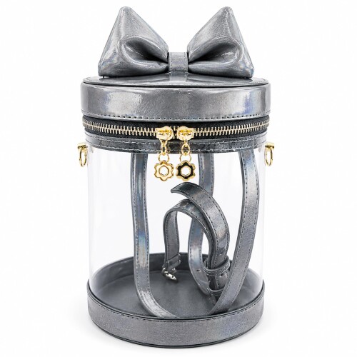 ジートリガー(G triger) 猫耳風リボン付きぬいバッグ ぬいポーチ 収納 見せバッグ ショルダーバッグ イベント クリア 透明 円筒 グレー 灰色 W13.5cm×H21cm オタ活 ぬい活