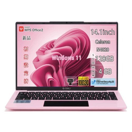 GM-JAPAN ノートパソコン Windows 11 Office搭載 14.1インチ 超軽量 薄型 SSD 128GB/メモリ 4GB/WEBカメラ/WPS Office/Celeron/WIFI/USB3.0/HDMI (ピンク)