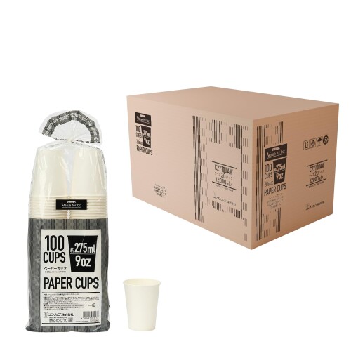 サンナップ 紙コップ 275ml 2,000個(100個&times;20パック) 内面ポリエチレン加工 耐熱 耐冷 漏れ防止 9オンス 9oz 白 大サイズ 試飲 試食 ケース販売 業務用 C27100AW｜マニッシュボーイ