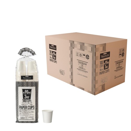 サンナップ 紙コップ 90ml 3,000個(100個&times;30パック) 内面ポリエチレン加工 耐熱 耐冷 漏れ防止 3オンス 3oz 白 小サイズ 試飲 試食 ケース販売 業務用 C90100AW｜マニッシュボーイ