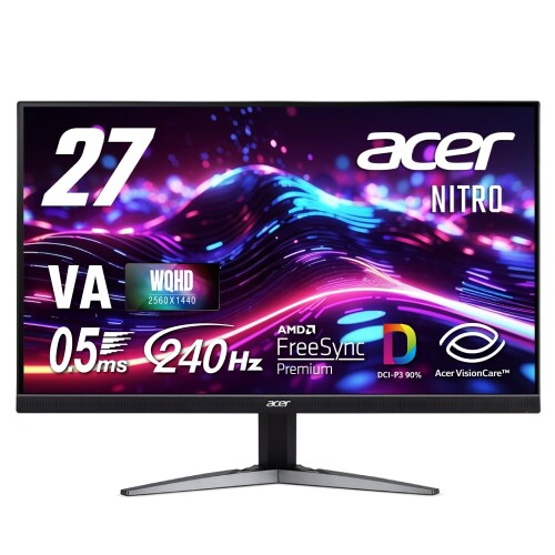 Acer Nitro ゲーミングモニター 27in WQHD 非光輝 広可視性角 VA 240サイクル 0.5ms(GTG) DCI-P3 90% AMD FreeSync Premium ブラックブースト HDR350 ゲームビューテクノロジー 青味ともし火切り詰め HDMI 2.1 DisplayPort v1.4