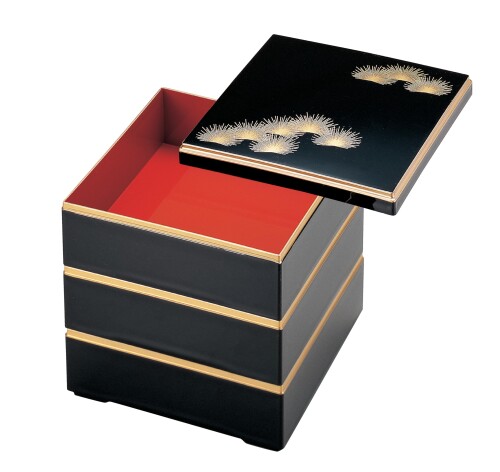 割烹漆器 若泉漆器 お重箱 6.5寸?校倉重 黒内朱塗 若松3段 H-158-15A