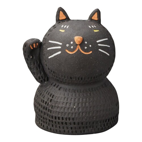 丸伊製陶 信楽焼 へちもん 猫 飾りつけ 瀬戸もの 約9糎 餅ねこ 黒 日本製 MR-4-5640