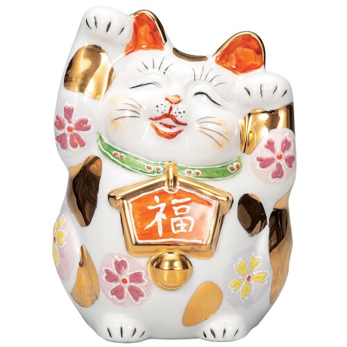 九谷焼 招き猫 飾りつけ 招福 金運 両手 絵馬 高さ14糎 4.5号 金ブチ盛 K9-1634