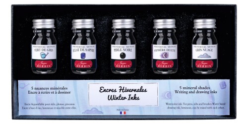 Herbin エルバン ミニインクコフレ 伝統的 『冬期』 10ml大いさ 5本入 (グレイッシュグリーン・サファイアブルー・ブラック・ムーンシャドウ・グリヌアージュ) HERBIN ヘモグロビン1850