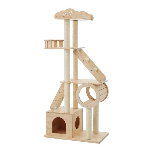 OSJ キャットタワー タワー ペット用品 ネコ トンネル はしご 麻紐 木製 天然木 高さ153cm 頑丈 据え置き 隠れ家 爪とぎ 猫ベッド 安全安心 大型猫用 安定 ペット用品 展望台 おしゃれ