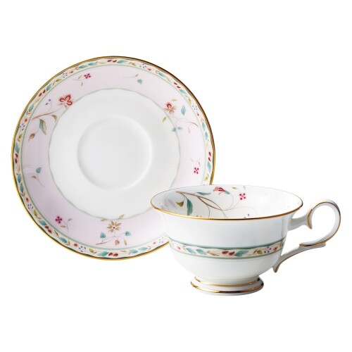Noritake ノリ竹 優勝杯 \u0026 平円盤 ( 珈琲 紅茶 兼用) 215竓 花更紗 サクラ色 ボーンチャイナ T50717A/4409-5