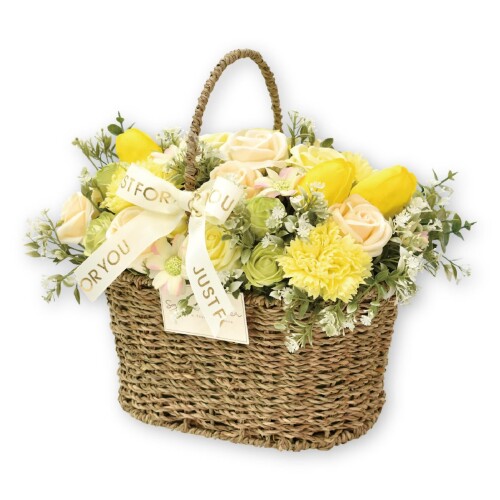 罌粟名古屋 石ケンお花 石けんお花 造花 差し上げ物 差し上げ物 お花提げ篭 薔薇 提げ篭 約30糎 シュロの葉付き添い人 S-205 黄色