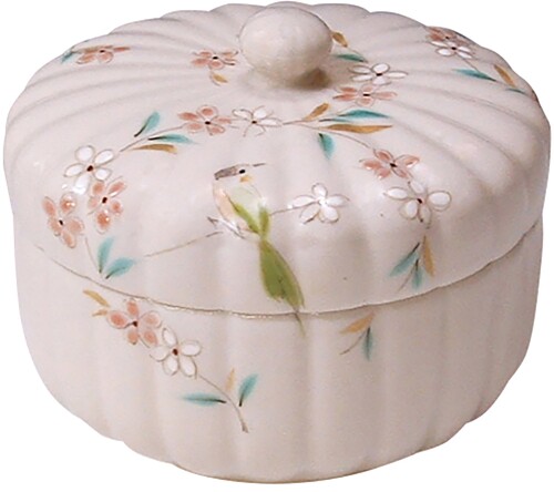 京焼 清水焼 蓋物 (かざり付ける箱入) 白いこと 差しわたし9糎 紫泉窯 花丸花鳥 FBI092