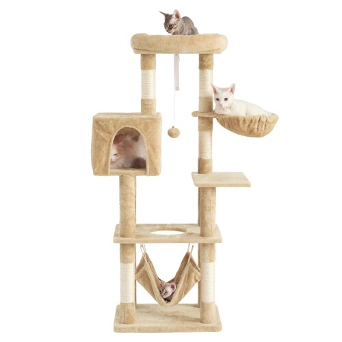 AIFY キャットタワー 大型猫用 多頭飼い 省スペース スリム 据え置き 安定強化構造 ハンモック付き 隠れ家付き 爪とぎ 見晴らし台 おもちゃ付き 運動不足解消 高さ140cm ベージュ