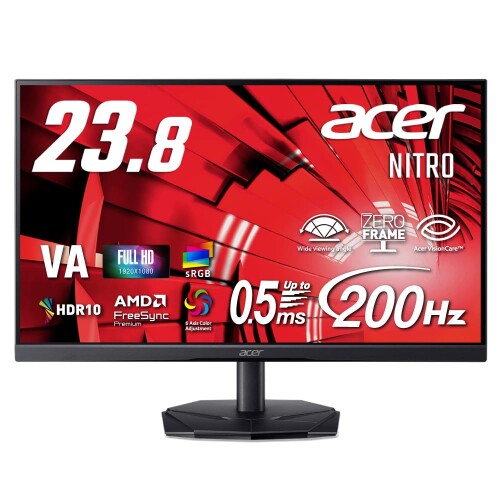 Acer 23.8インチ フルHD 200Hz 0.5ms(GTG) 広視野角 VA 非光沢 sRGB 99% AMD FreeSync Premium HDR10 ブラックブースト VRB対応 ブルーライト低減 HDMI 2.0 DisplayPort v1.4 Acer Display Widget Nitro ゲーミングモニター 3