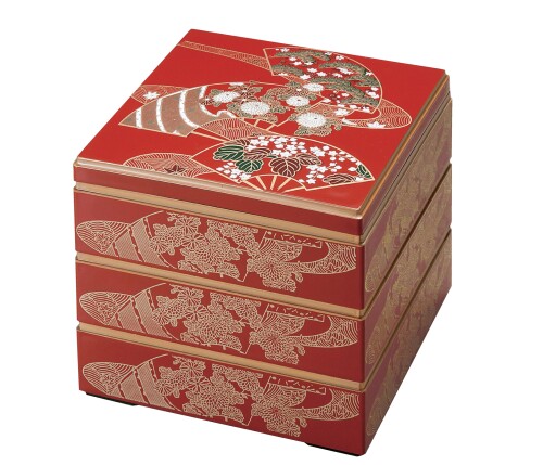 割烹漆器 若泉漆器 お重箱 6.5寸校倉重 朱流扇（内黒）3段 H-156-58A