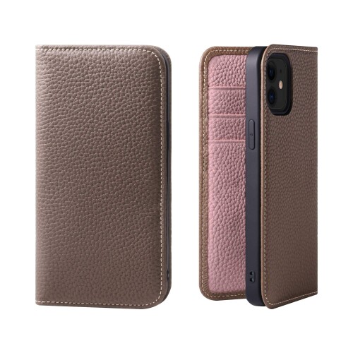 SACHKURA iPhone12/iPhone12 Pro 相応う 万覚え帳型 容れもの なめし革 本革 シュリンクカーフレザー 牛皮 磁石皆無 耐衝撃 万覚え帳 メンズ レディース トープ\u0026さくら色 SK-12Pro-Taupe-PK