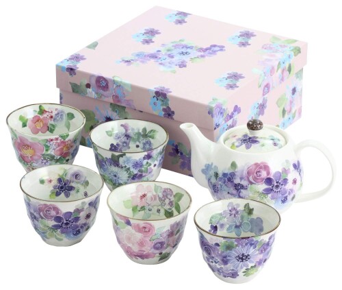 陶器藍 花仕事場 5客ポット茶器 サクラ色/青碧 大いさ：約W26 D23 H10 01466