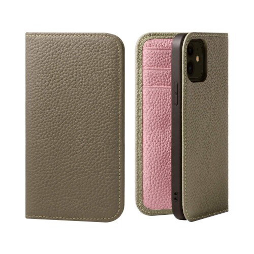 SACHKURA iPhone12 mini 相応う 万覚え帳型 容れもの なめし革 本革 シュリンクカーフレザー 牛皮 磁石皆無 耐衝撃 万覚え帳 メンズ レディース グレージュ\u0026さくら色 SK-12Mini-Grege-PK