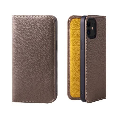 SACHKURA iPhone12/iPhone12 Pro 相応う 万覚え帳型 容れもの なめし革 本革 シュリンクカーフレザー 牛皮 磁石皆無 耐衝撃 万覚え帳 メンズ レディース トープ\u0026黄色 SK-12Pro-Taupe-YL