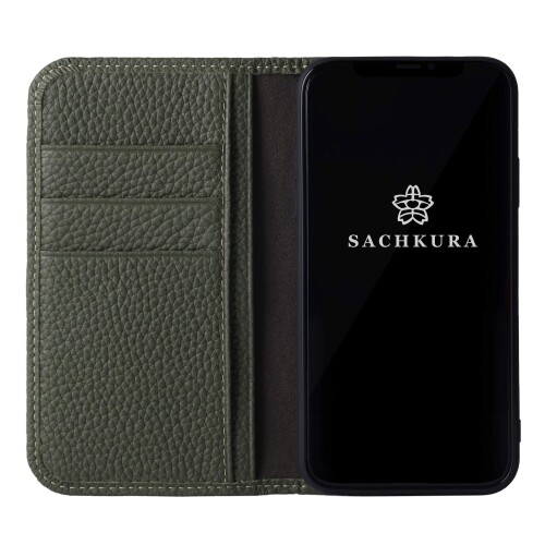 SACHKURA iPhoneXS/X 相応う 万覚え帳型 容れもの なめし革 本革 シュリンクカーフレザー 牛皮 磁石皆無 耐衝撃 万覚え帳 メンズ レディース モスグリーン SK-Xs-MossGreen