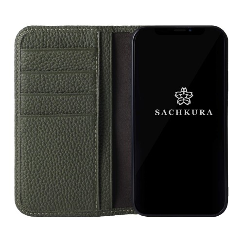 SACHKURA iPhone 12 Pro Max 相応う 万覚え帳型 入れもの なめし革 本革 シュリンクカーフレザー 牛皮 磁石皆無 耐衝撃 万覚え帳 メンズ レディース モスグリーン SK-12ProMax-MossGreen