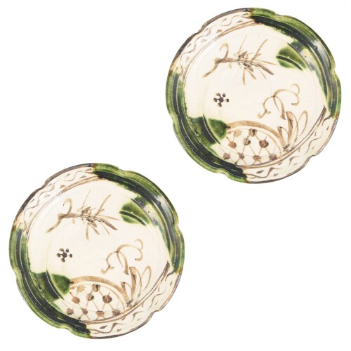 瀬戸焼 「 中島塩草 」 織部鉄絵 皿 お皿 一皿 差しわたし約22珊 食器書き割り 2枚組 日本製 004-0010p