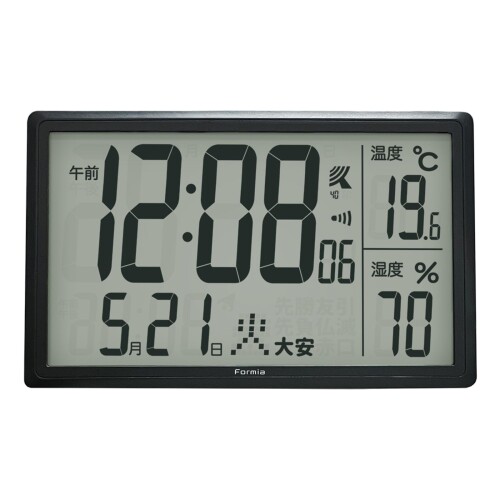 Formia(フォルミア) 掛け時計 デジタル 電波 大画面 見やすい 37.5&times;22.9cm オフィス リビング ダイニング 置き掛け兼用 卓上 スタンド付き カレンダー 六曜 温度 湿度 時報 目覚し機能 電子音｜マニッシュボーイ
