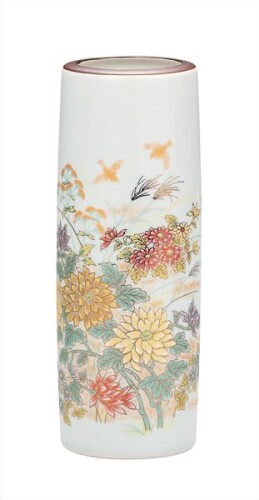 九谷焼いわたや 6号寸胴花立て･金キクの花に雀 K9-1314