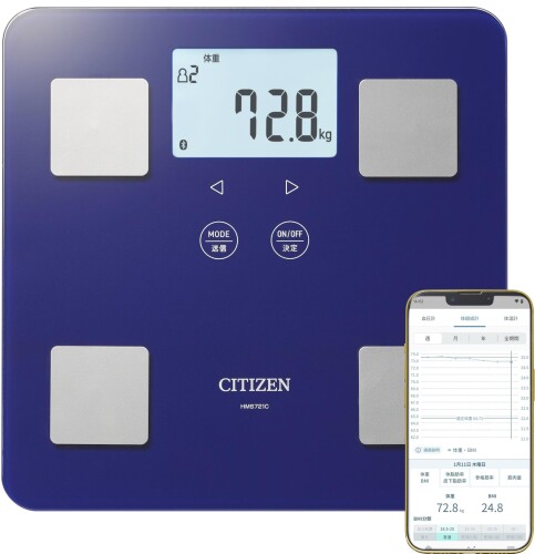 CITIZEN 体量計 スマホ聯絡 体組み上げる計 グラフ記録管理すること 10個条書 体あぶら身率 筋トレで使える骨組み筋率位置づける HMS721C-DE 強化因子硝子 召しかかえる 4人書きとどめる可 大型液晶 うしろ側点火装置 健全さ走査 ディープネイビ
