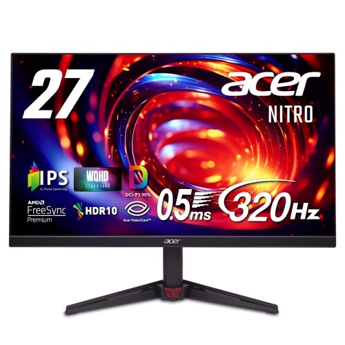 Acer 27インチ WQHD 10億7000万色 IPS 非光沢 320Hz 0.5ms(GTG) AMD FreeSync Premium DCI-P3 90% HDR10 ブルーライトシールド HDMI 2.1 DisplayPort v1.4 スピーカー・ヘッドフォン端子 VESAマウント対応 ゼロフレーム N