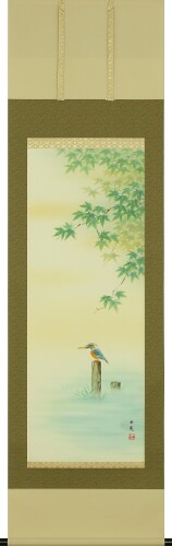偕拓堂工芸 掛け軸 楓に川蝉(桐九鼎大呂) (縦190×横54.5珊)