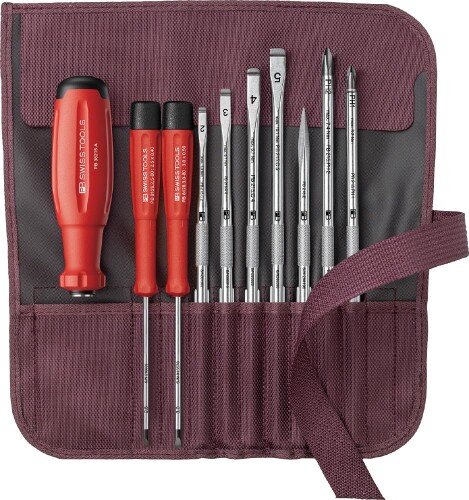PB SWISS TOOLS ピービースイスツールズ 差替式１番ウッド書き割り 9本組 ボルドーロールアップケース付 38218.BO