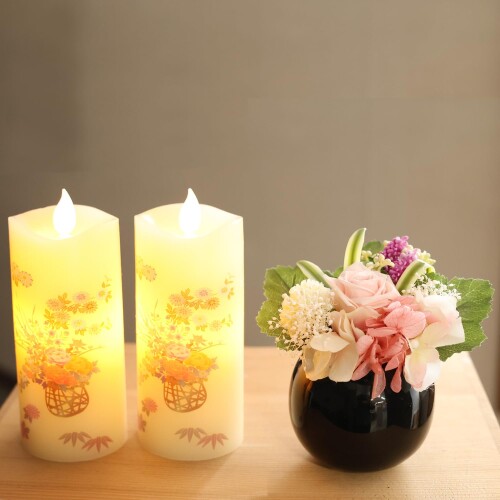 ミニ仏花 さくら色ポット ミルキーさくら色 1個 ＆ LEDろーそく いろはあかりS 花籠 1対 （2本） 御盆 盆提燈 お供え お中元 パウダーコンパクト大きさ ミニサイズ