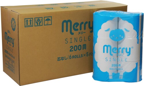 MERRY(メリー) 新橋製紙 ちり紙 シングル 芯なし長さ4倍巻 200ｍ 6渦状文×5容器に並べる